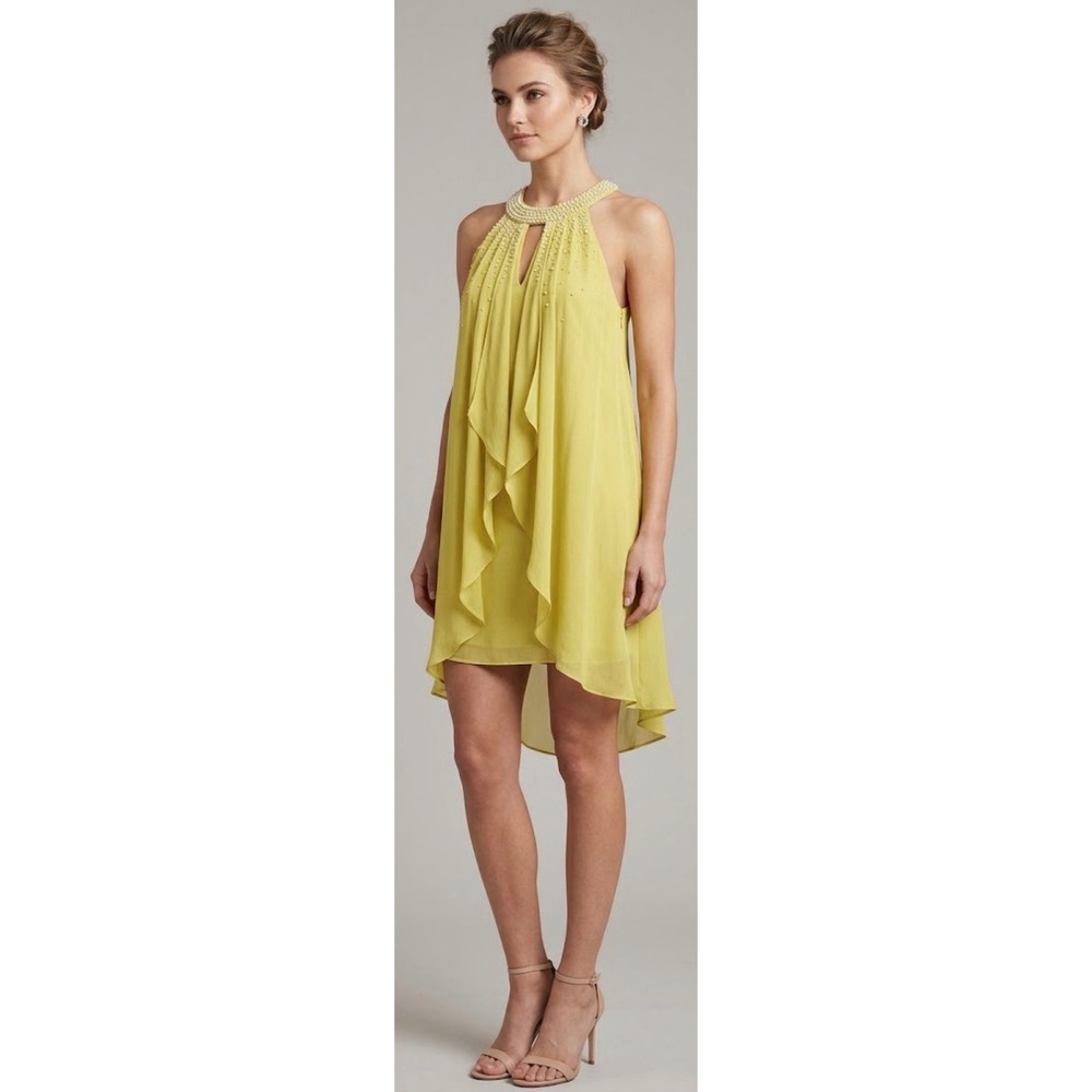 Cynthia Steffe Yellow Silk Beaded Halter Ruffle Mini Dress Size 0